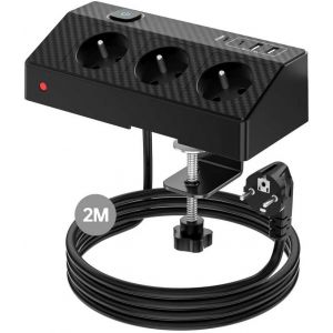 Multiprise de Bureau 7 en 1 avec 3 Sorties AC Fran&ccedil;aise,4 Ports USB,Protection Anti-Surtension,C&acirc;ble 2m, Interrupteur,4000W/16A,Multiprise de Table avec USB C (PD 20W) pour Bureau/Maison - Neuf