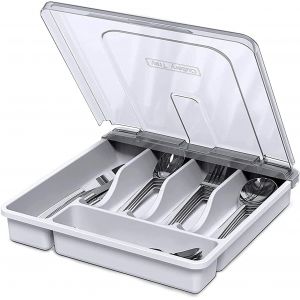 Chenquansarl-Range Couvert Avec Couvercle, Boite De Rangement Couverts Cuisine Avec 5 Compartiments, Campeur Range Couvert Couvercle Pour Couteaux Fourchettes Cuillères, 30 * 30 * 7cm,Blanc - Neuf