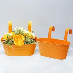 Lot de 2 pots de fleurs &agrave; suspendre en m&eacute;tal pour int&eacute;rieur et ext&eacute;rieur,seau de rangement dans la cuisine ou la salle de bain,crochet amovible (orange) - Neuf