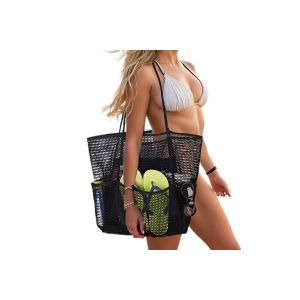 Grand sac de plage en filet pour femme - Noir - Organiseur avec poche zipp&eacute;e et compartiments - Neuf