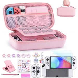 Accessories for NS Switch OLED- 18 in 1 Switch Pack with Switch Case,Switch Game Case,OLED Switch Screen Protector,Switch Stand,Thumb Grips Switch (Pink) - Neuf