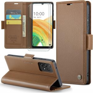Kal-Coque Pour Samsung Galaxy A33 5g+ 2 Pi&egrave;ces Verre Tremp&eacute;,Antivol,Prend En Charge Le Chargement Sans Fil, Pochette Fermeture Magn&eacute;tique Flip Case-Marron - Neuf