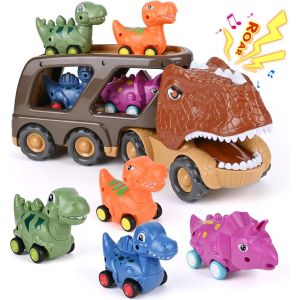KAJGL-Jouet Camion Dinosaure Enfant Avec Sons& Lumières De Rugissement,Jouet Garage Voiture Pour Enfants Camion Transporteur (Marron) - Neuf