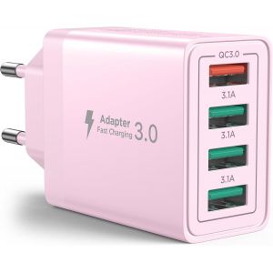 Chargeur Usb Multiple,4-Port Prise Usb 40w Qc 3.0 Bloc Chargeur Rapide Pour Iphone Series,Samsung,Huawei,Xiaomi,Google,Telephone,Multiprise Usba Embout Adaptateur Multi Secteurusb Murale Rose - Neuf