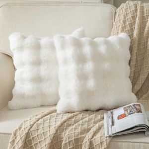 Cauc-Lot De 2 Blanc 40 X 40 Cm Housses De Coussin D&eacute;corative En Laine Douce &Eacute;paisse Fausse Fourrure Peluche Taie D'oreiller Moelleux Pour Canap&eacute; Chambre &Agrave; Coucher - Neuf
