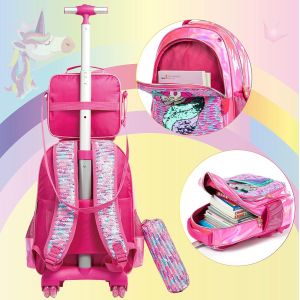 Cartable A Roulette Fille 3 En 1 Sac A Roulette Fille 16 Inch Cartable A Roulette Fille Primaire Pour Filles Adolescentes Apportez Une Trousse À Crayons Et Un Sac À Lunch. - Neuf
