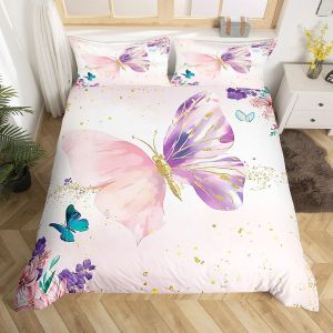 Sjzg-Fille Mignon Papillon Imprim&eacute; Housse De Couette 220x240cm Rose Enfants Chambre &Agrave; Coucher D&eacute;coration Papillons Et Fleurs Parure De Lit Microfibre Douce Romantique Literie Set - Neuf