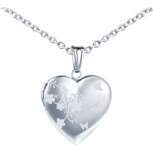 Kal-Collier Médaillon C?Ur Avec Fleurs Et Papillons, Acier Inoxydable Pendentif Porte Photo Médaillon Pour 2 Photo Personnalisé Pendentif Avec Chaîne 50cm Bijoux Pour Femme Filles - Neuf
