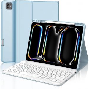 Coque Clavier Pour Ipad Pro 11'' (M4) 2024, Azerty Français Clavier - Étui Ipad Pro 11 Pouces Avec Fente Pour Stylo, Clavier Détachable Sans Fil Bluetooth, Bleu Clair - Neuf