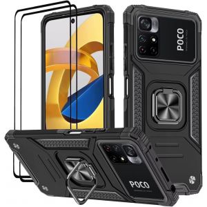 Kal-Coque Pour Xiaomi Poco M4 Pro 5g / Redmi Note 11s 5g (6.6""), Verre Trempé [2 Pièces] + Housse Tpu Silicone Rotation 360° Aimant Anneau Support Double Défense Protection Etui - Noir - Neuf