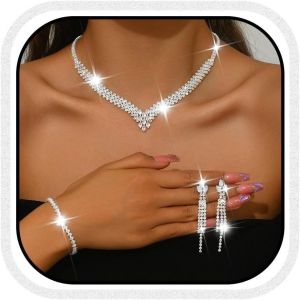 Kal-Parure De Bijoux De Mari&eacute;e En Argent Avec Collier Et Boucles D'oreilles En Cristal &Eacute;tincelant Pour Femme - Neuf