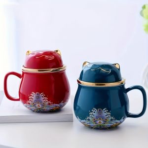 Ensemble - Tasse &Agrave; Th&eacute; Chat Porte-Bonheur Chinois Avec Sac De Voyage, Tasse &Agrave; Th&eacute; En C&eacute;ramique Avec Infuseur Et Couvercle, Vaisselle Portable - Neuf