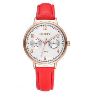 Gaiety Pu Strap Montre Deux Petits Cadrans Boîtier Rond Analogique Quartz Montre-Bracelet Rouge - Neuf