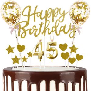 ERYI-Bougie Dorée Pour Gâteau D'Anniversaire De 45E Anniversaire - Ballons Dorés - Numéro 45 - Bougies Dorées Pour Gâteau - Décorations De Gâteau Pour Filles, Garçons, Femmes, Hommes - Neuf