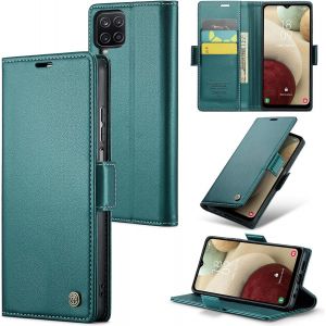 Maa-Coque Pour Samsung Galaxy A12 5g, Étui Housse En Rfid Protection Premium Pu Cuir Portefeuille Rabat Case Magnétique Stand Antichoc, Étui Case Pour Samsung Galaxy A12 5g, Bleu Vert - Neuf