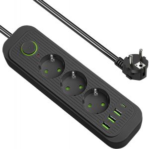 Multiprise avec USB C, Protection surtension avec 3 Prises et 3 USB, Charge Rapide et 1 Type C, rallonge multiprise de 2 m&egrave;tres (F23U, Noir) - Neuf