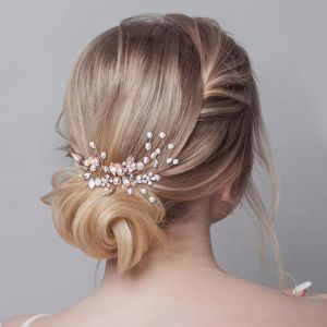Kal-Bijoux De Mariée, Mariée Coiffe Mariage Pinces À Cheveux Cristal Épingles À Cheveux Vignes Fleur Feuille Perle Accessoires Pour Cheveux Pour Mariée - Or Rose - Neuf