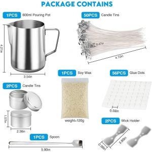 Topgearworld Diy Candle Making Kit Includes 120g Soy Wax,2 Boxes With Lids,A Spoon,2 Iron Wick Holders,50 Candle Wicks,56 Candle Stickers (Silver) - Neuf
