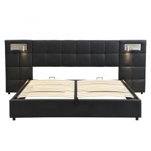 Lit coffre lit lit 180 x 200 cm lit hydraulique avec port usb lampe &eacute;clair&eacute;e avec espace de rangement pu noir - Neuf