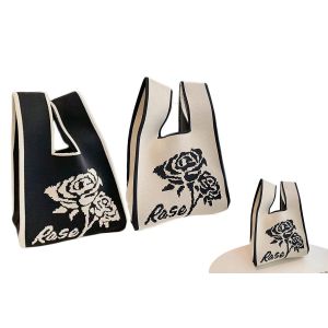 Lot de 2 petits sacs cabas en crochet, pochettes &agrave; main tricot&eacute;es pour vos essentiels - Beige rose et Noir rose - Neuf