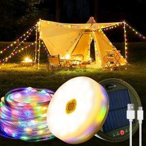 Guirlande Lumineuse Solaire Camping, 12m 120led Lampe Camping Solaire Exterieure, Ip65 Imperméable 8 Modes, Rechargeable Par Usb, Guirlande Lumineuse Escamotable Pour Camping, Jardin, Multicolore - Neuf