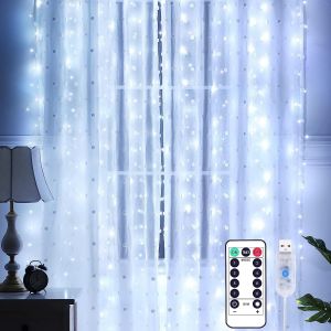 Trahoo-Rideau Lumineux, 3 X 3m Led Guirlande Lumineuse Rideau 300leds, 8 Modes D'eclairage,T&eacute;l&eacute;commande Minuterie,Decoration De No&euml;l, Fen&ecirc;tre, Mariage, Jardin, Chambre (Etanche Ip65, Blanc Froid) - Neuf