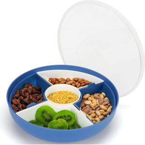 Checarzhn--No1-Plateau Compartiment De Service Rond Avec Couvercle - 28,5 Cm 5 Compartiments - Plateau Aperitif Dinatoire En Plastique Réutilisable Pour Snacks, Fruits, Noix, Bonbons Et Légumes - Neuf