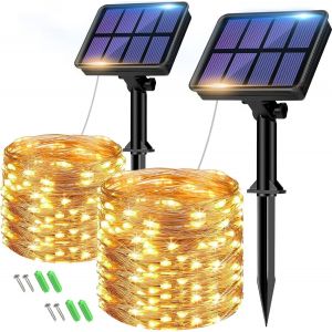 TRAHOO-Lot de 2 Guirlande Solaire Exterieur, Totale 16m 160LED Lumineuse &Eacute;tanche, 8 Modes D&eacute;coration pour Jardin Terrasse Cour No&euml;l Mariage F&ecirc;te, Blanc Chaud - Neuf