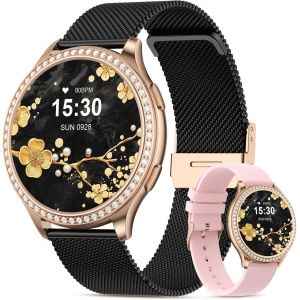 Montre Connect&eacute;e Femme avec Appel Bluetooth, 1.32"" IPS &eacute;crans tactiles, 120+ Modes Sportifs SpO2 Cycle Menstruel Sommeil Etanche IP68 Fitness Podom&egrave;tre Montre iOS Android (Or Noir) - Neuf