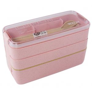 HJLIAN Boite a lunch ecologique a 3 couches en paille de ble, contenant portable pour aliments, fourchette, cuillere (rose) - Neuf