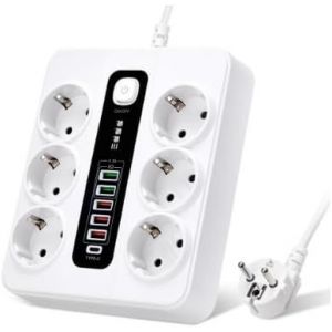 Multiprise 6 Compartiments Avec Usb, Multiprise 12 En 1 Avec 5 Usb-A & 1 Usb-C, Avec Interrupteur, Câble D'Extension 2M, 3000W, Multiprise Pour Bureau, Maison - Neuf