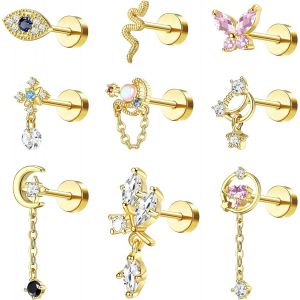 9pcs 16g Piercing Oreille Pour Femme Acier Chirurgical Boucles D'oreilles Cartilage Tragus Piercing Labret Mauvais ?il/Papillon/Le Serpent Dangle Oreille Piercing Tragus Piercing Bijoux.[X1245] - Neuf