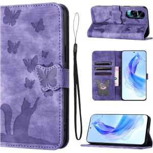 Kal-&Eacute;tui Pour Honor 90 Lite 5g 6.7 Mat&eacute;riau En Cuir Pu Coque Honor 90 Lite Avec Fentes Pour Cartes Housse Protection Motif Papillon Chat Coque Honor 90 Lite 5g Violet - Neuf