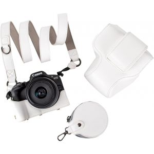 CHECARZHN--NO1-Étui De Protection Rétro En Cuir Pu Pour Appareil Photo Reflex Numérique Canon Eos R50 R100 Avec Ouverture Inférieure, Bandoulière Et Poche De Rangement - Blanc - Neuf