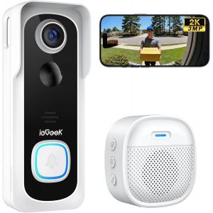JEXNOVASHOP-2K Sonnette sans Fil Exterieur Etanche, Sonnette Vid&eacute;o avec Cam&eacute;ra Compatible Alexa, Install Facile, D&eacute;tection IA, IP66 &Eacute;tanche,Vision Nocturne, Stockage Cloud, WiFi 2,4 GHz Uniquement (B - Neuf