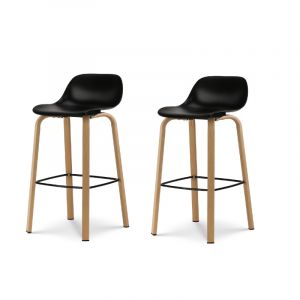 Lot de 2 tabourets de bar noir style scandinave avec pieds effet bois en m&eacute;tal - Hauteur 76cm - Neuf