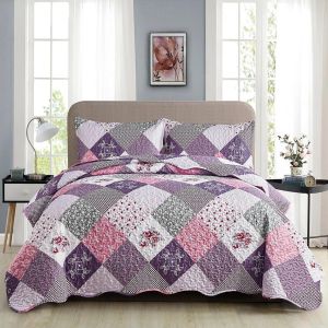 Ulteronixshop-Dessus de lit de 240 x 260 cm, carr&eacute;s de patchwork matelass&eacute;s &agrave; motif floral, en microfibre, avec 2 taies d'oreiller de 50 x 75 cm, rose et violet - Neuf