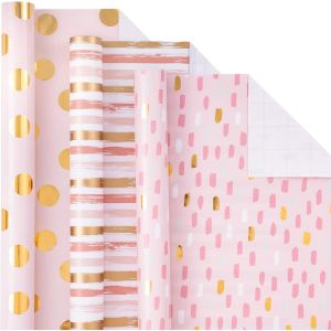 Rouleau De Papier D'emballage Rose - Mini Rouleau - Rayures/Points/Paillettes Pour Emballage Cadeau, Bricolage - 43.2 Cm X3.05 M - 3 Rouleaux (42.5 Sq.Ft.Ttl.) - Neuf