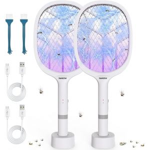 Raquette Moustique Electrique (2 pcs),4800V Raquette Electrique Insectes UV avec Base de Chargement,2EN1 USB Rechargeable Tapette à Mouches électrique,Raquette Anti Moustique Electrique 1800mAh - Neuf