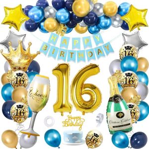 Deco Anniversaire 16 Ans Garcon,Bleu Or Decoration Anniversaire 16 Ans,Ballon Anniversaire 16 Ans,Cadeau 16 Ans Garcon Avec Marine Bleu Or Ballons,Or Confettis Ballon Champagne Ballons - Neuf