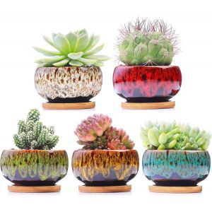 Nouvelhorizonstore-Lot De 5 Pots De Fleurs Mignons En C&eacute;ramique Avec Trou De Drainage Et Soucoupe Attach&eacute;e, Plantes Non Incluses (Rond) - Neuf
