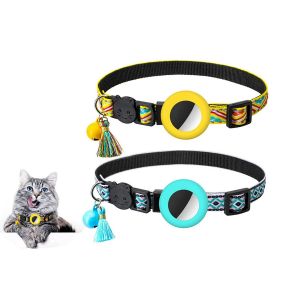 Lot De 2 Colliers Ajustables Pour Chat Avec Porte-&Eacute;tiquette Airtag, Clochette Et Pompon, Convient Aux Tours De Cou De 22 &Agrave; 34 Cm, Pour Petits Animaux. - Neuf