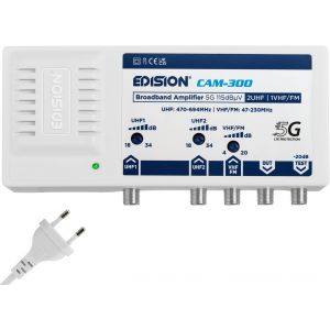 Cam-300 Amplificateur Antenne Tv Tnt Centrale Multibande, 2Uhf, 1Vhf/Fm, 18-34Db Réglable, 115Dbmv, Pour Numérique Terrestre Dvb-T/T2, Avec Filtre 5G Lte, Uhf 470-694Mhz, Vhf/Fm 47-230Mhz - Neuf