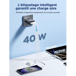 Kalanka-2pack Chargeur Usb C, 40w Chargeur Iphone Rapide Multiple Prise Usb C Pour Iphone 16 15 14 13 12 11 Pro Max Xs Xr Se 8 7 6s Plus Mini, Ipad, Samsung Galaxy, 4-Port Adaptateur Secteur Type C C - Neuf