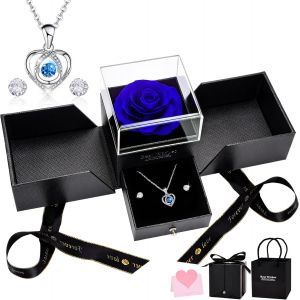 Rose &Eacute;ternelle, Bleu Roses Pr&eacute;serv&eacute;e avec Collier Coeur et Boucles d'Oreilles, Main Coffret Cadeau Bijoux Saint Valentin F&ecirc;te des M&egrave;res Anniversaire Cadeaux d'anniversaire pour Femme Maman - Neuf