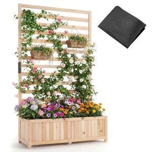 Jardini&egrave;re Sur&eacute;lev&eacute;e En Bois Costway Avec Treillis Vertical Pour Plantes Grimpantes, Doublure, Drainage, Panneau Amovible, Naturel - Neuf