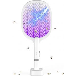jum-Raquette Electrique Insectes 5000V,1800 Mah Extra Puissante Tapette À Mouches Électrique Avec Base De Recharge Usb C,2 En 1 Tapette À Mouches Électrique Pour Moustiques,Mouches,Abeilles - Neuf