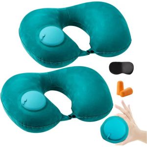 Lot De 2 Oreillers De Voyage Gonflables R&eacute;glables En Forme De U Avec Masque De Sommeil, Bouchon D'oreille Et Sac De Transport, Pour Avions, Voyages (Vert) - Neuf