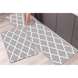 Lot De 2 Tapis D'entr&eacute;e/Cuisine Antid&eacute;rapants &Agrave; Dos En Caoutchouc - Gris Clair, 40 X 60 Cm Et 40 X 120 Cm - Neuf