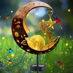 Kal-Lampe Solaire De Jardin En Forme De Lune - Lampe Solaire D'extérieur - Boule En Verre - Décoration De Jardin Pour Cour, Pelouse, Fée Des Fleurs - Lampe Solaire Avec Piquet De Terre - Neuf
